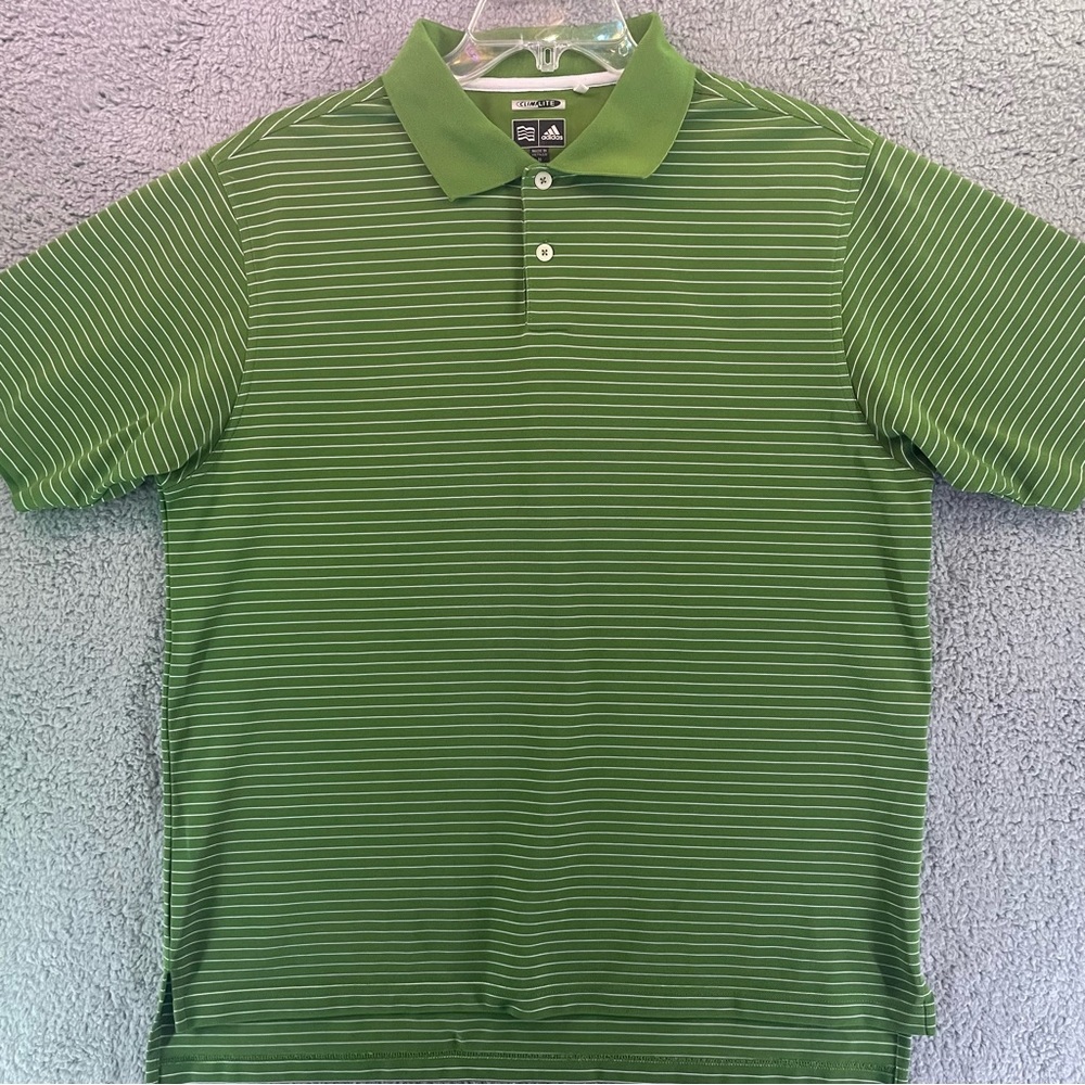 Adidas Shirt Mens M Green Short Sleeve Golf Polo Clima Chill Collar Stripped